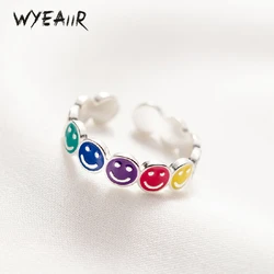 WYEAIIR 925 Sterling Silver Color Glazed Cute Smiling Face Cartoon Resizable Opening Ring For Women Luxury Jewelry