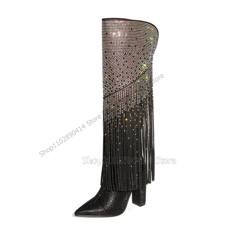 Colorful Rhinestone Tassels Decor Pointed Toe Boots Slip On Women Shoes Chunky High Heels Sexy Runway 2023 Zapatos Para Mujere