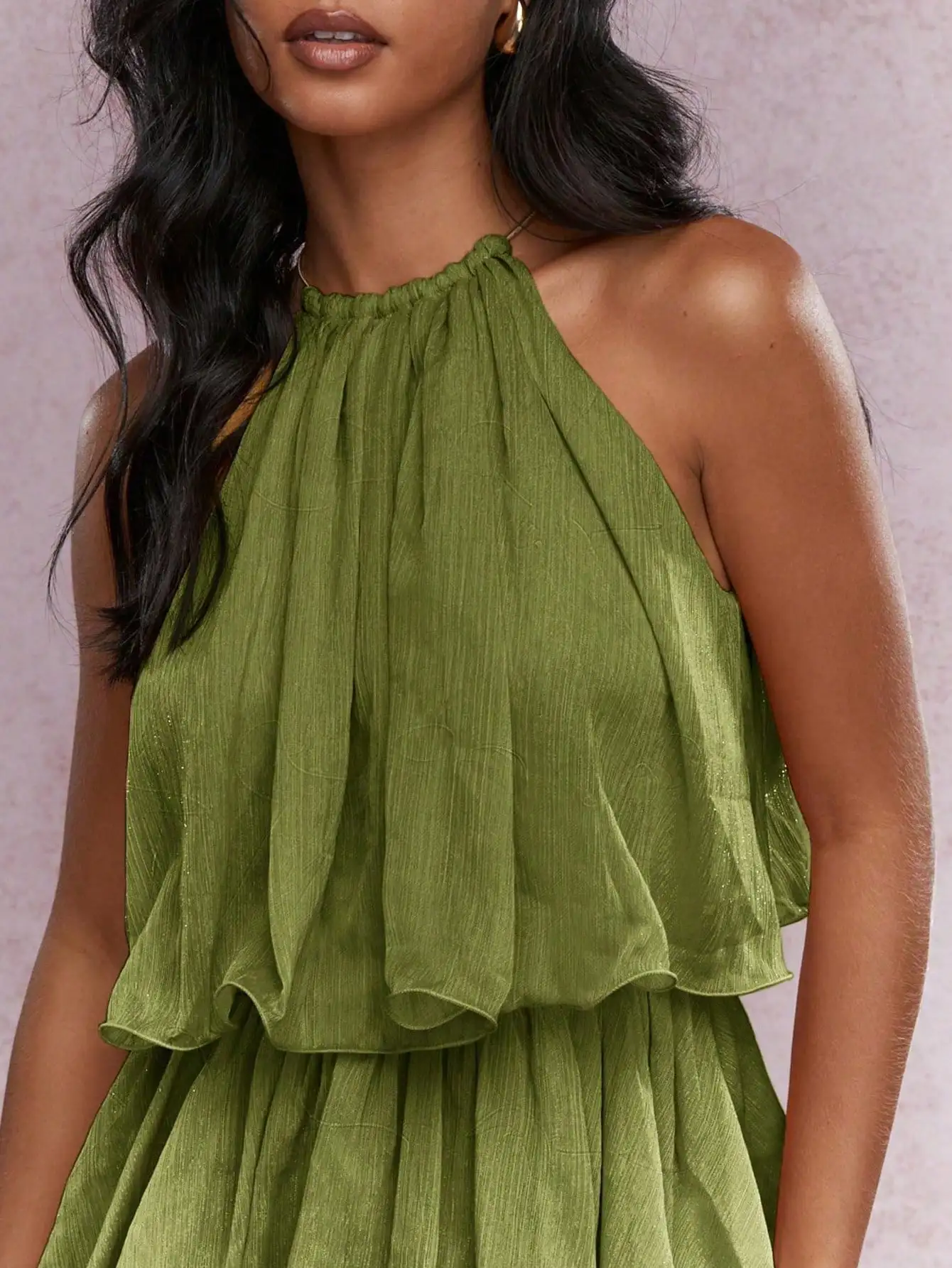 Feminino boho elegante em camadas plissado mini vestido sem mangas halter pescoço vestido de festa st plissado flowy verde roupa de férias