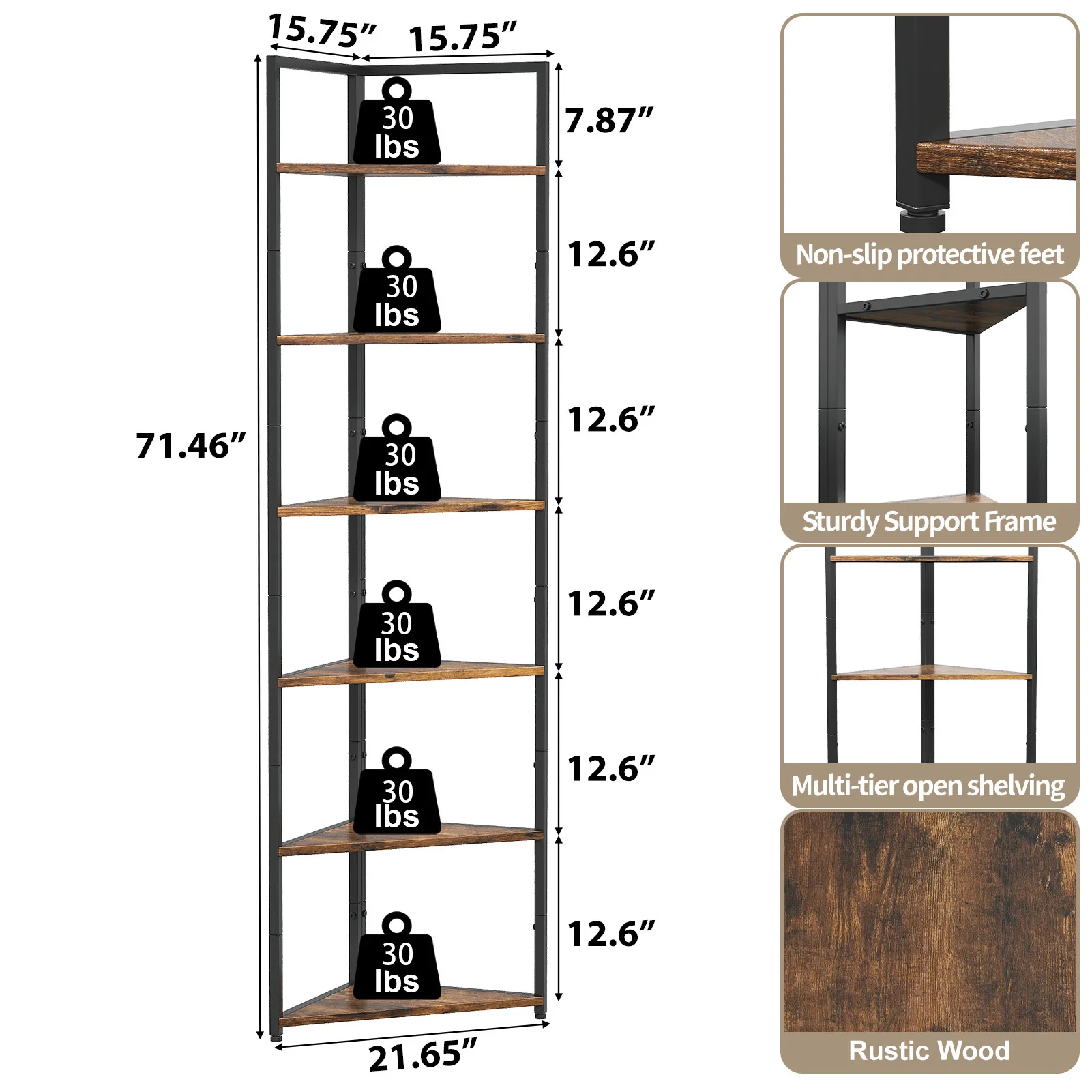 6 Tier Corner Bookshelf Particle Board Iron Frame Storage Rack 40x40x182CM Multi-purpose Display Shelf Plant Stand with Adjustable Anti-slip Feet for Living Room Bedroom Apartment