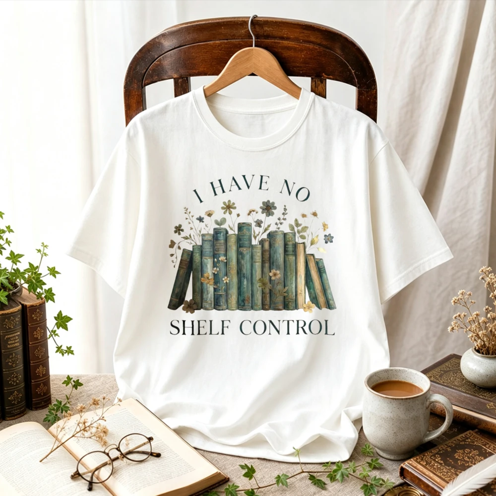 Women I Have No Shelf Control Vintage Stacked Books Wildflower T-Shirt Book Lover Bookish Cottagecore Aesthetic Casual Tee Tops