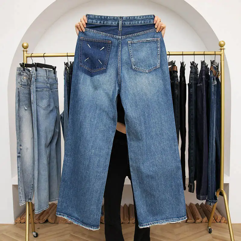 

High Waist Wide Leg Straight Cut Denim Jeans Women Summer New Sle Color Blo Design kets Floor Length Vintage Trousers