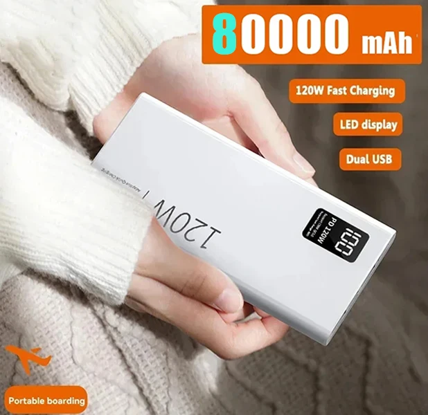 

New 120W Power Bank 80000mAh High Capacity Super Fast Charging Portable Power Bank For iPhone Huawei Samsung External Battery