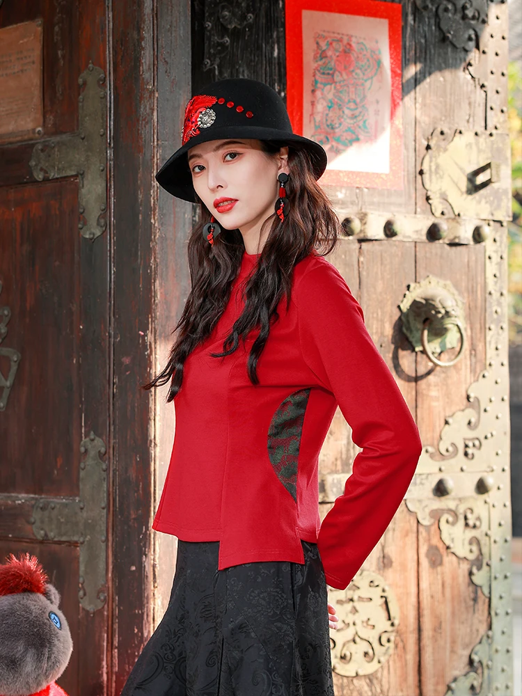 

Новая женская весенняя модная блузка Yang Li в китайском этническом стиле с длинными рукавами, вышивкой, пэчворком и молнией, красная