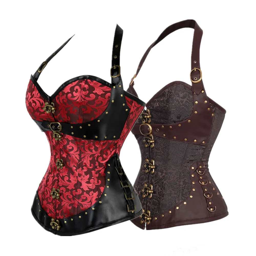 

Женский коричневый и красный готический стальной корсет с лямкой на шее и завышенной талией, винтажное нижнее белье с принтом, сексуальные утягивающие бюстье, топы