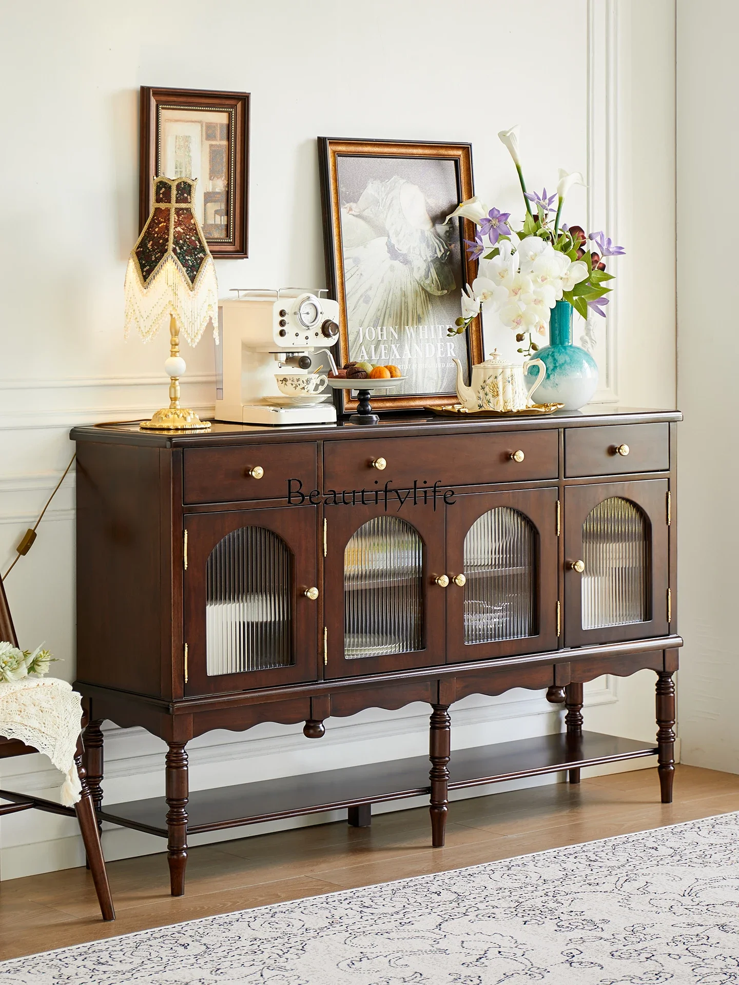 

ls 51French medieval style all solid wood dining side cabinet American retro living room entrance cabinet