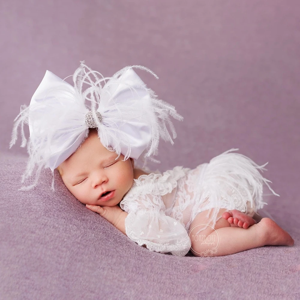 Newborn Photography Feather Bow Outfit White Lace Romper Baby Photo Props Angel Wings Headband Studio Photo Shoot AccessoriesSet