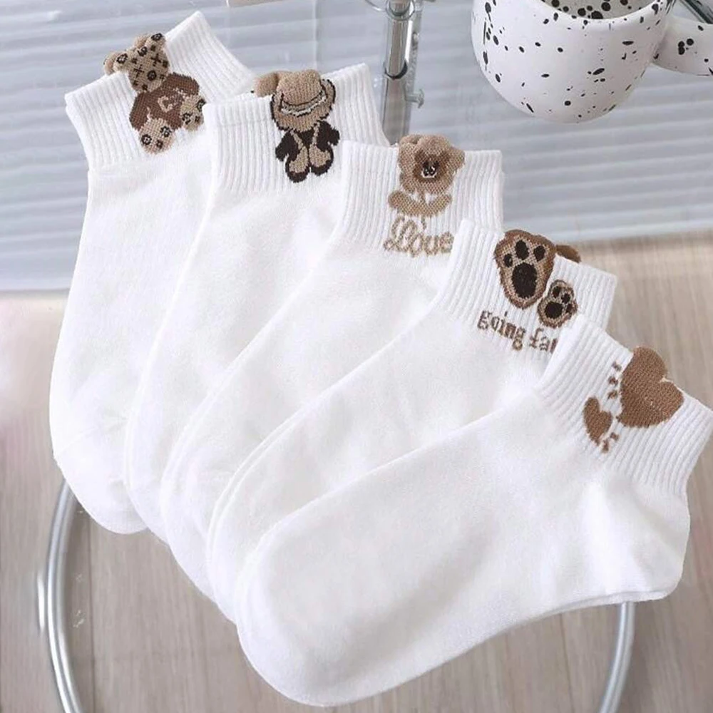 5/10 Pairs Women's Cute Bear Socks Suitable All Seasons Solid Color Trendy Flower Pattern Casual Soft And Comfortable Socks image 2