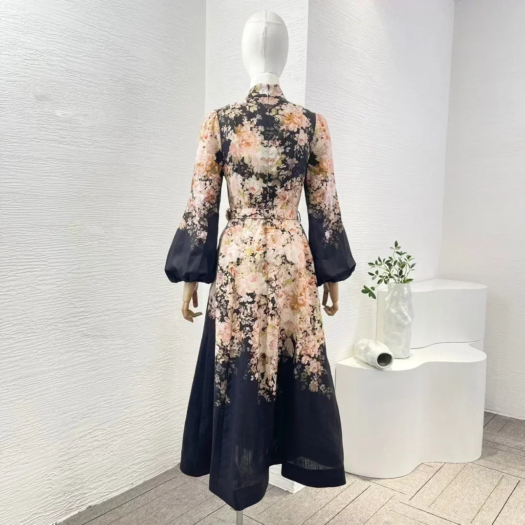 Linen Black Rococo Flowers Print Long Sleeve High Waist Midi Dress