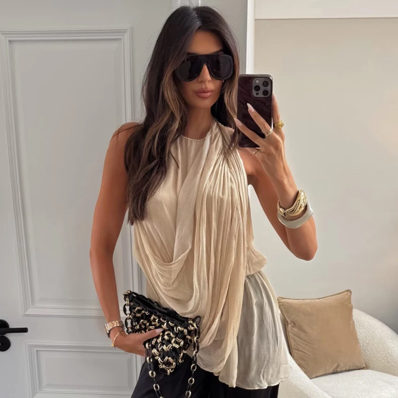 HXAO Asymmetrisches Rüschen-Neckholder-Top für Damen, Sommer 2026, sexy gepunktetes schulterfreies ärmelloses drapiertes rückenfreies Top, lässige Resort-Westen – Detail 7
