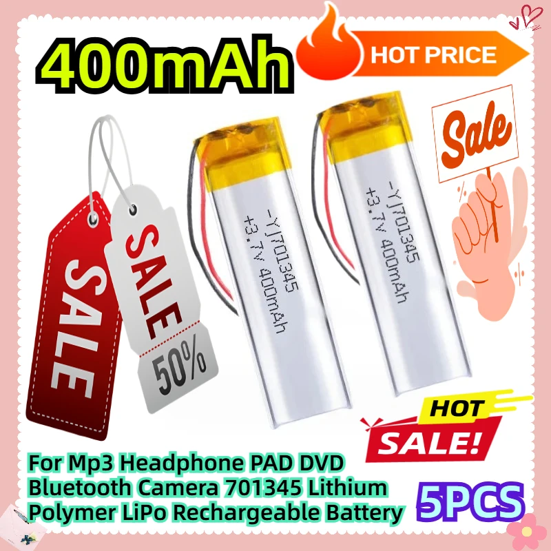 

3.7V 400MAH 5pcs For Mp3 Headphone PAD DVD Bluetooth Camera 701345 Lithium Polymer LiPo Rechargeable Battery