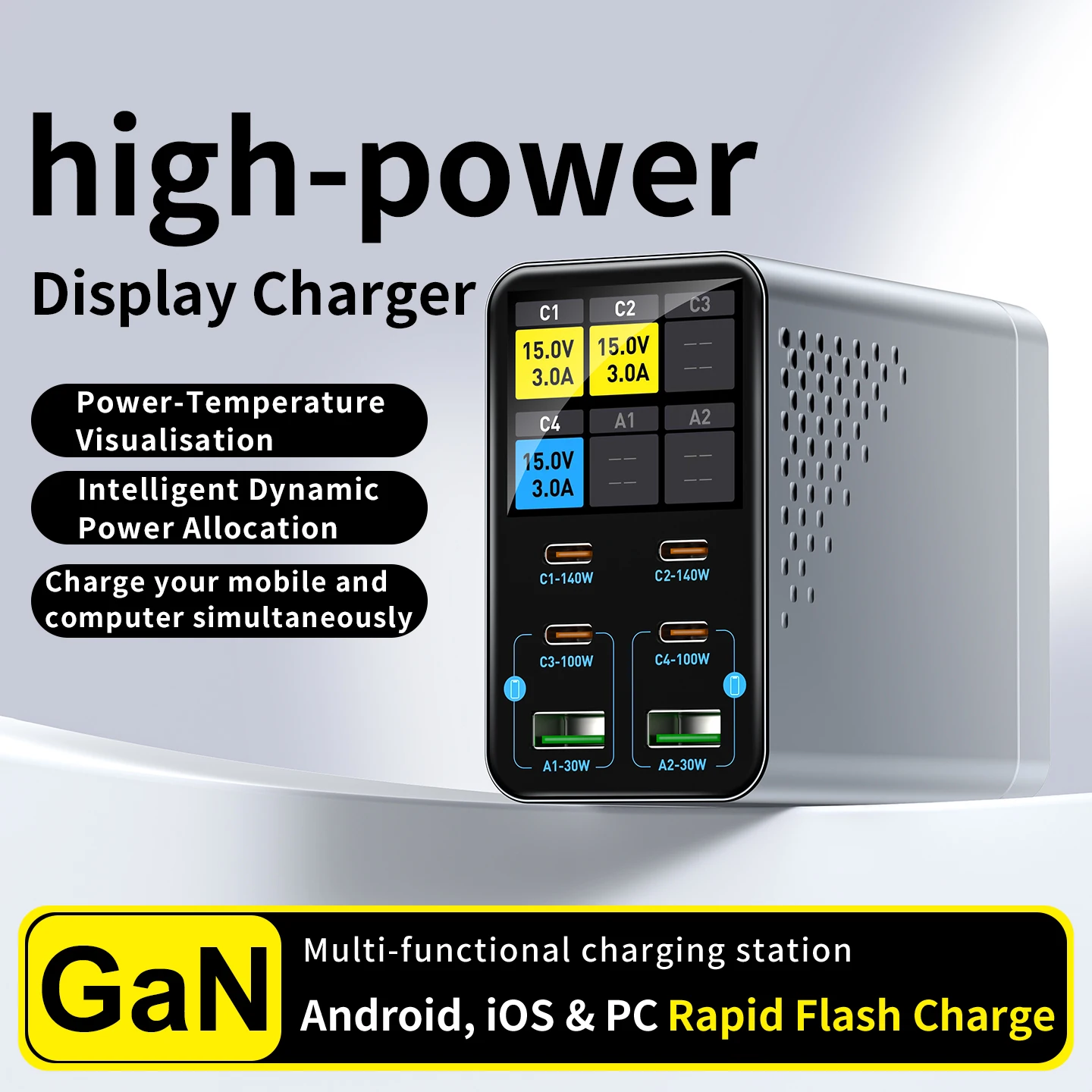 new-140w-gan-smart-multi-port-desktop-charger-pd-qc-multiport-with-intelligent-digital-display-for-phones-and-tablets