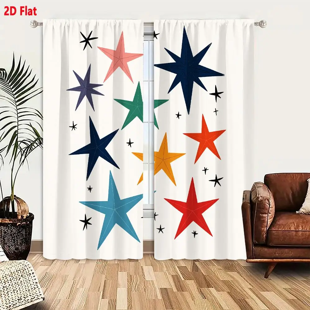 2Pcs Curtains 2D Flat Colorful Multi-Point Star Collection With Small Black Accents On Off White Background Window Drapes for Be