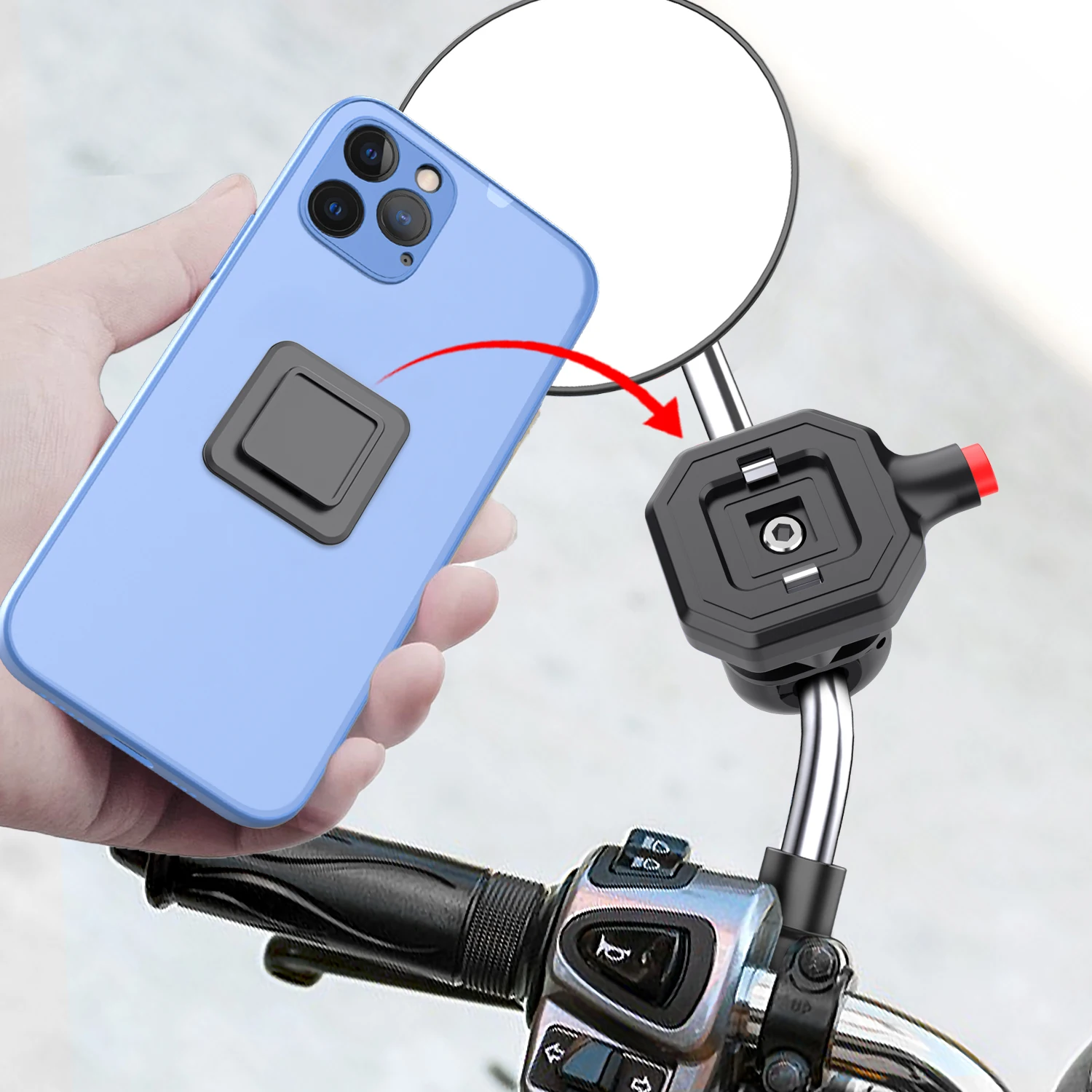 iBudim Motorcycle Rear View Mirror Phone Mount Universal Scooter Electric Bike Security Quick Lock Mobile Phone Holder Stand