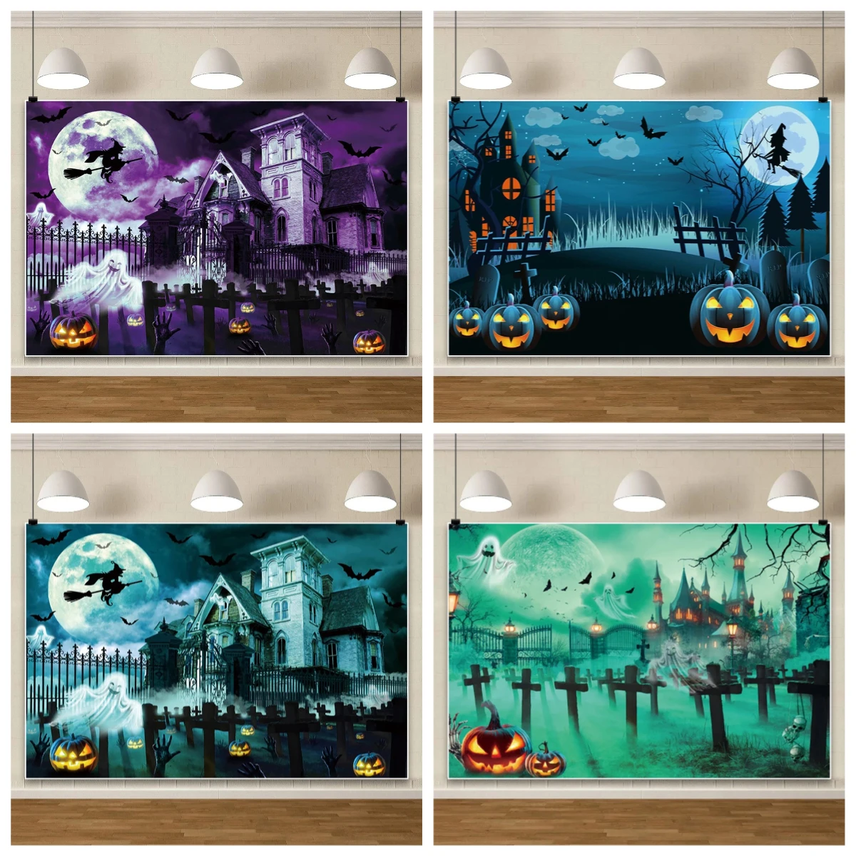 

Halloween Spooky House Photography Backdrop Pumpkin Jack O'Lantern Night Castle Halloween Party Floating Spooky Bat Background