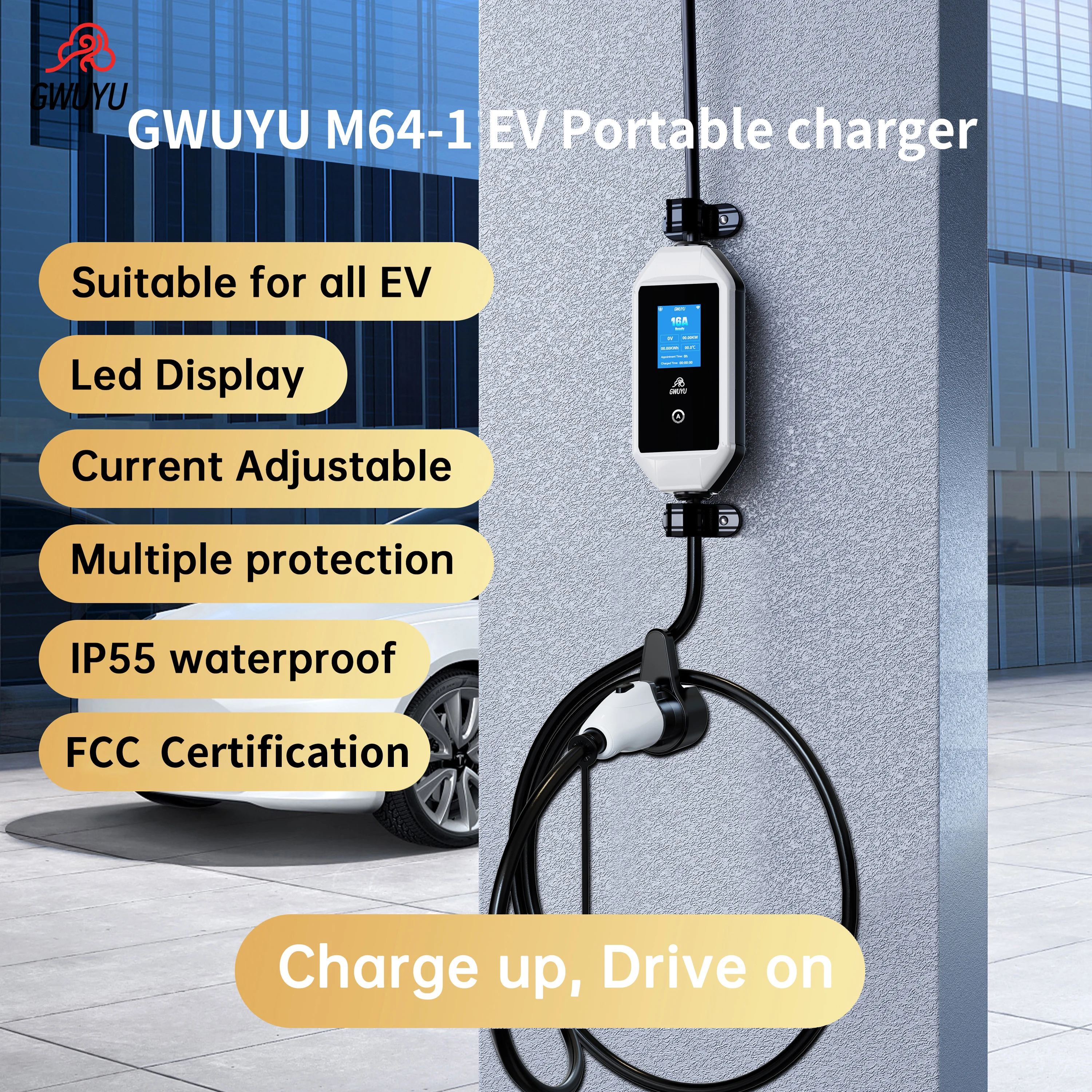 GWUYU M64-1 EVSE Portable Fast Charger for Electric Car Type 1 Sae J1772 7.6KW 32A 5M Charging Cable Led Display Vehicle Charger