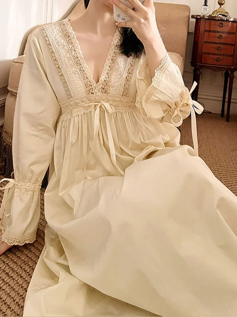 Women Vintage Princess Night Dress Spring Autumn Pure Cotton V-Neck Ruffles Lace-Up Victorian Fairy Sleepwear Pajamas Nightgowns