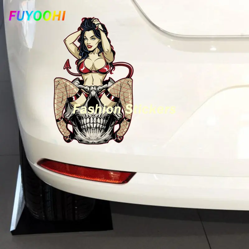 

FUYOOHI Funny Sticker Devil Girl Skull Vinyl Pin Up Girl Car Sticker Rear Windshield Trunk Toolbox Decal Cartoon Car Wrap