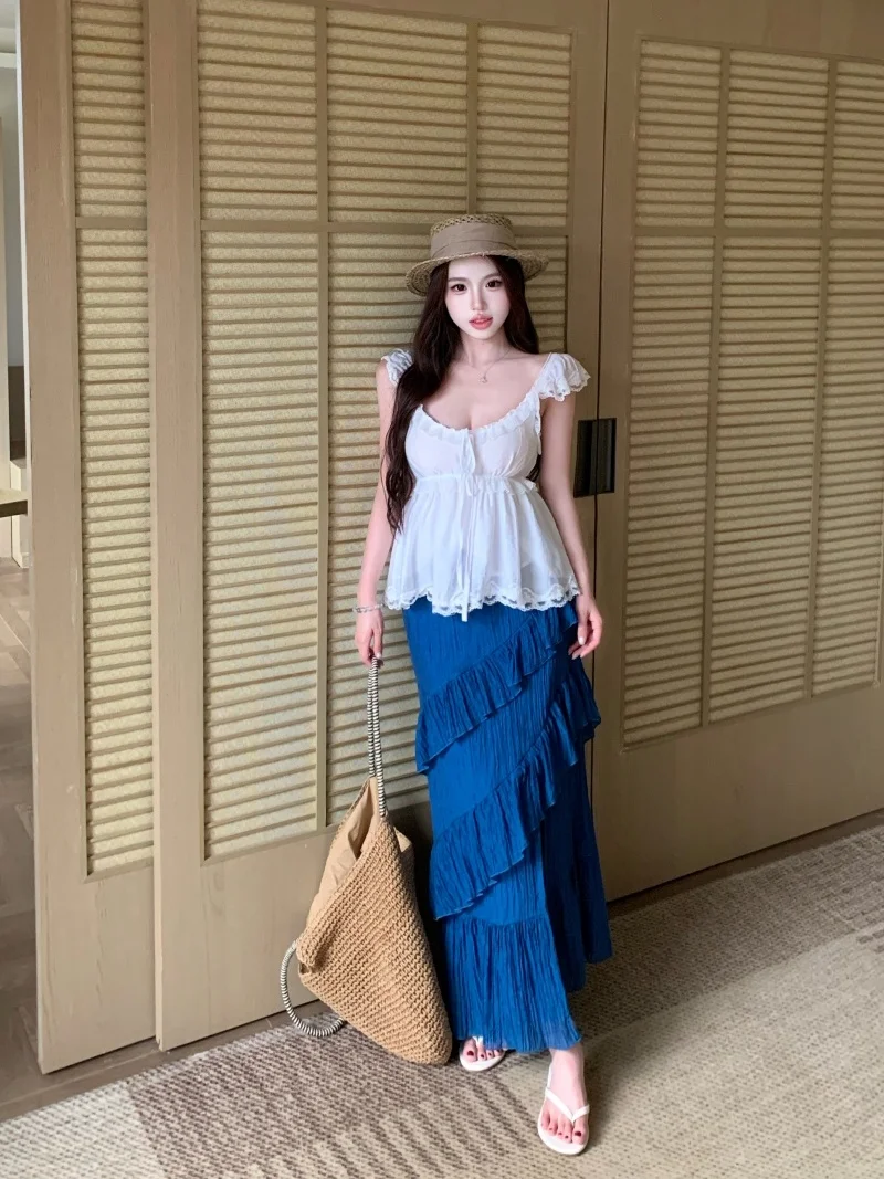 

Kumikumi Gentle Wind White Shirt And Skirt Set Women's Fashion Slim Fit Summer Outfit Short Sleeve High Waist Half Length