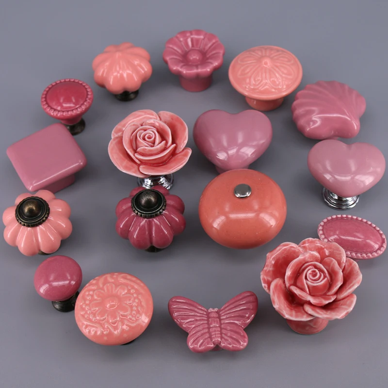 Pink Color Ceramic Cupboard Cabinet Door Knobs Drawer Pulls Girl's Room Pull Knob Creative Designed Furniture Hardware