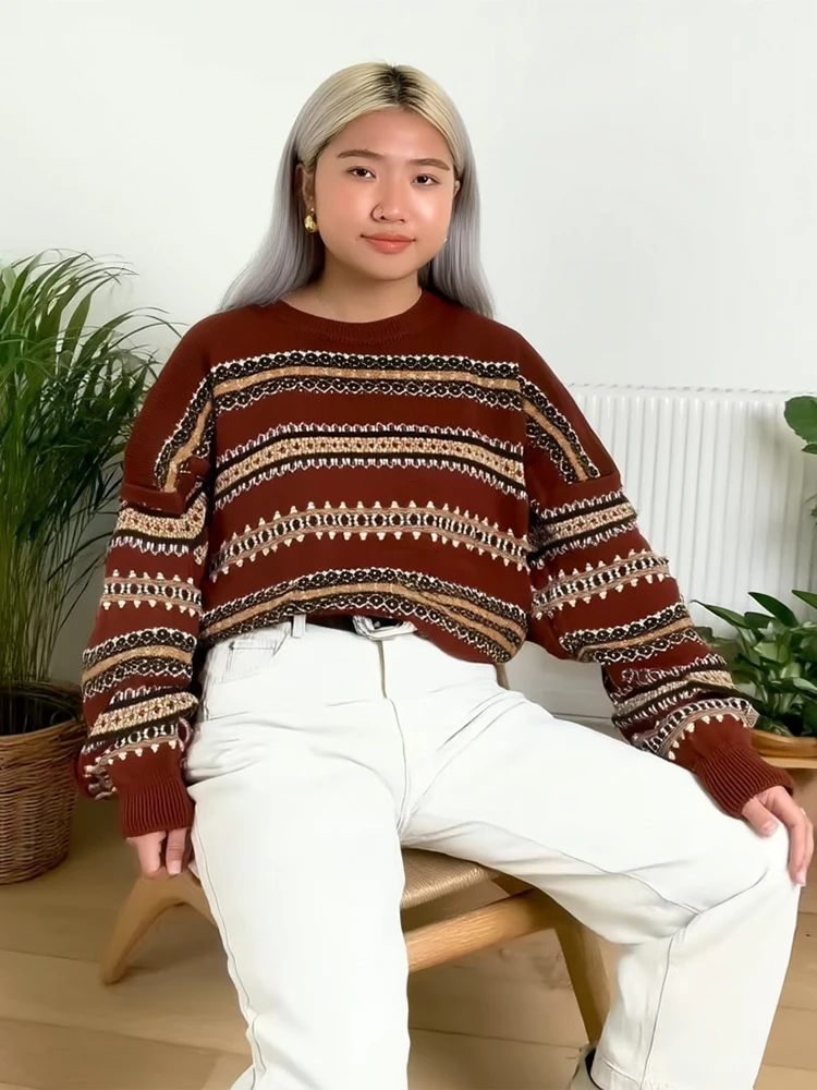 

Темно-синий женский свитер в геометрическую полоску, короткий вязаный топ в этническом стиле, осень 2021, праздничная уличная одежда, пуловер в стиле ретро