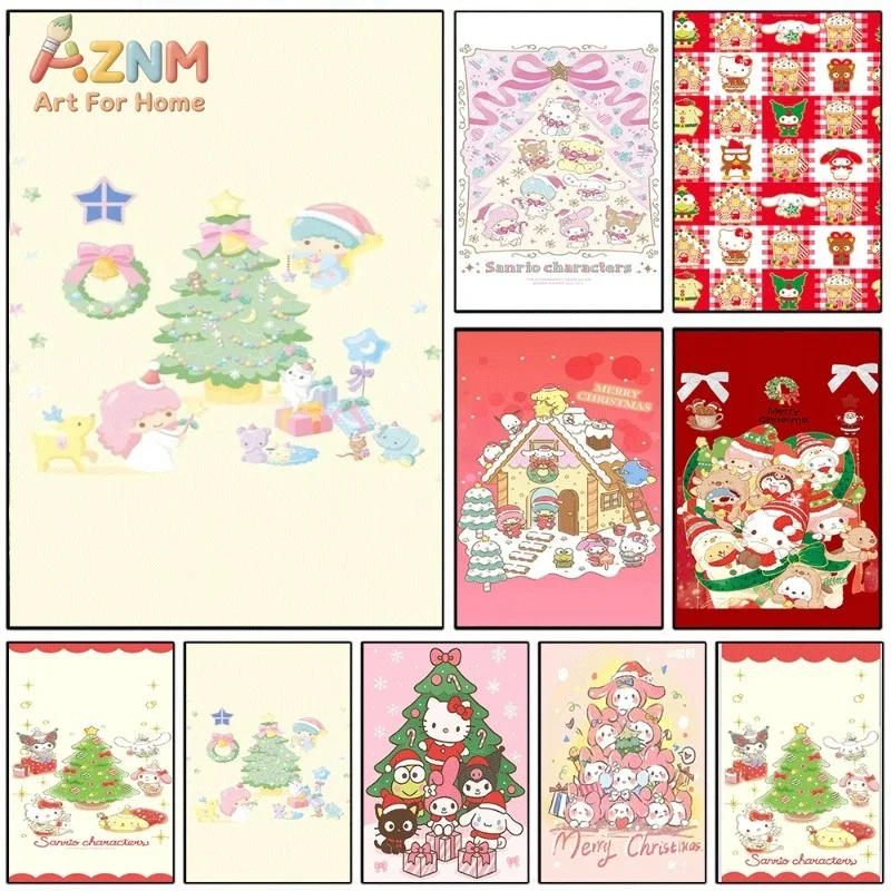 Sanrio Characters Christmas Tree Canvas Wall Art Unframed Canvas Poster Cute Kawaii Holiday Nursery Wall Decor Xmas Gift
