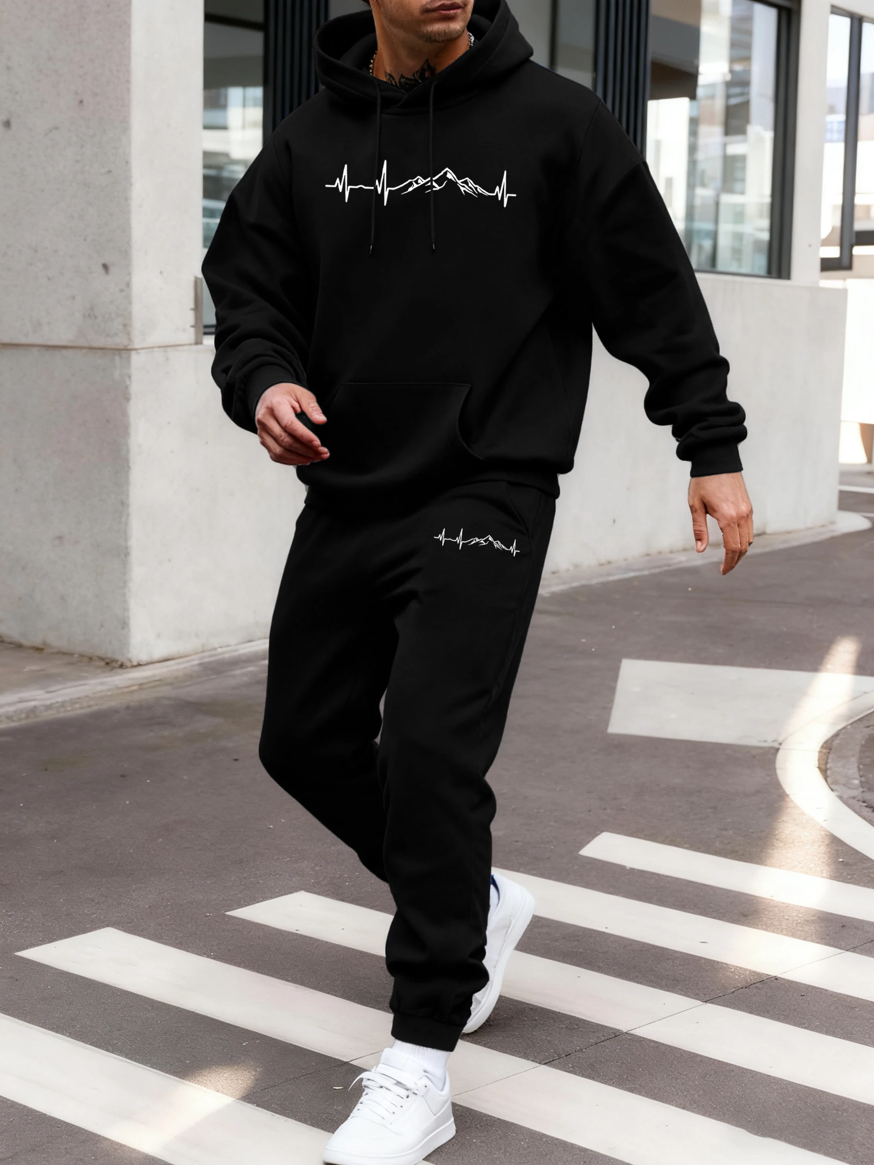 마운틴 하트비트 크리에이티브 프린트 스포츠웨어 남성 스트리트 플리스 후디 수트 힙스터 가을 스웨트팬츠 심플 루즈 탑 세트