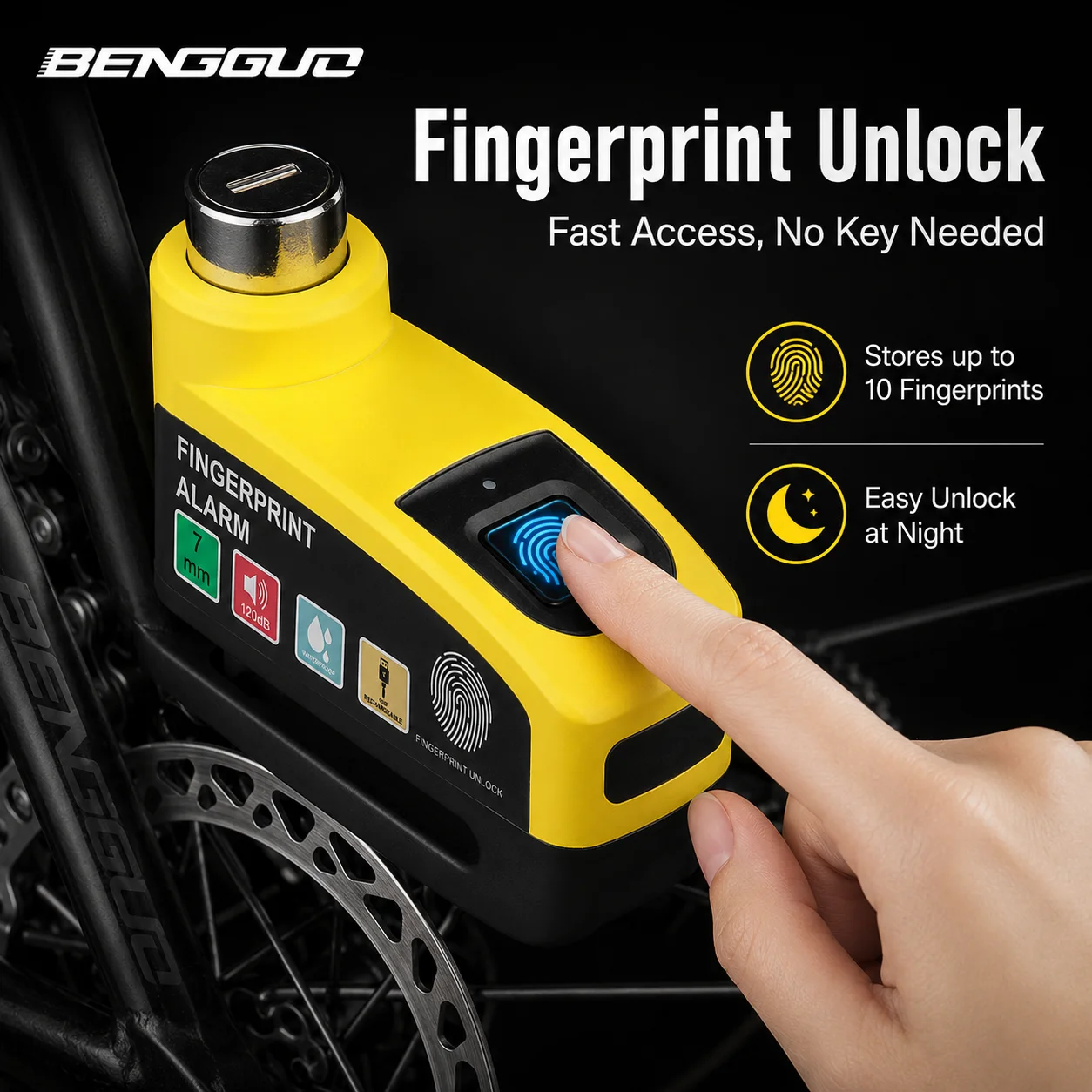 BENGGUO Fingerprint Bike Disc Brake Lock USB Rechargeable 120dB Alarm IP65 Waterproof 7mm Pin Anti-Theft Bicycle Security Lock