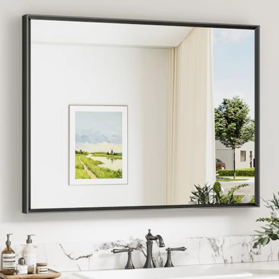 

40 x 30 Inch Black Bathroom Mirrors for Over Sink, Tempered Glass, Beveled Rectangle Framed Mirror, Square Corner, Farmhouse St