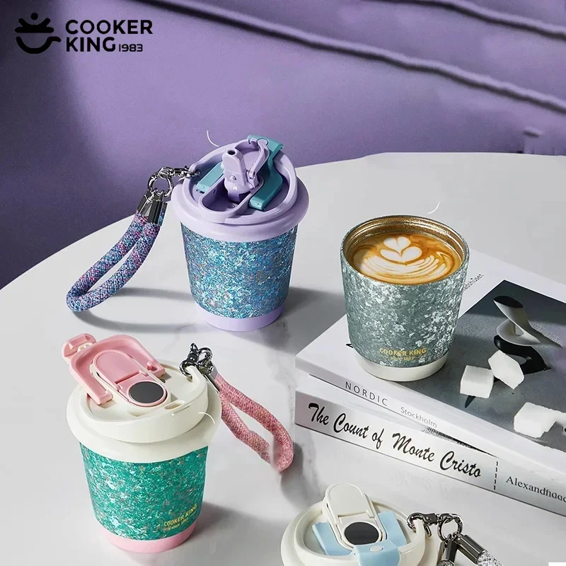 

COOKER KING Pure Titanium Coffee Cup 220ml/360ml Exquisite Thermos Cup With Rope Portable Straw Cups Cold Warm Car Water Cup