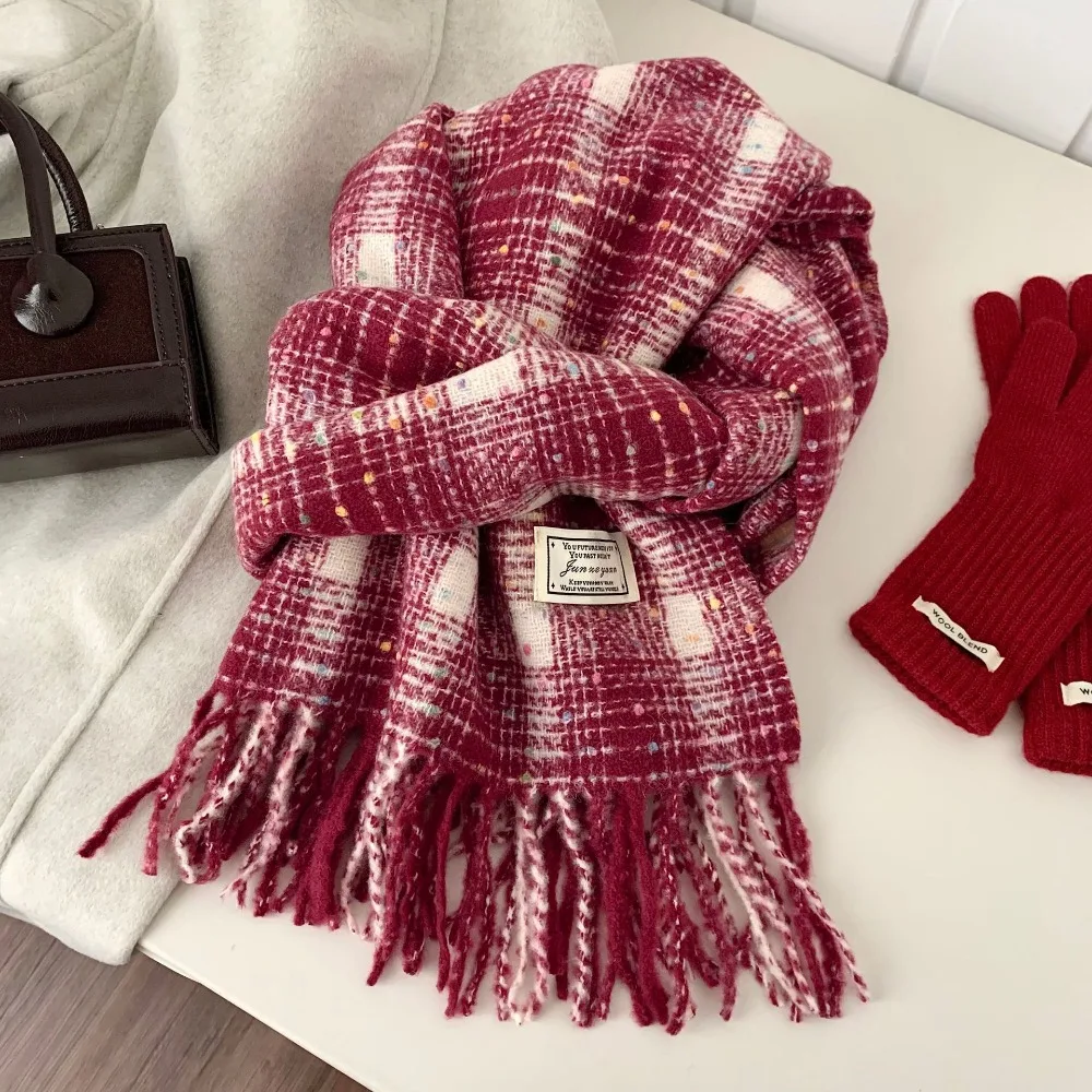 

Теплый милый клетчатый шерстяной шарф, новогодние плюшевые зимние вязаные шарфы, однотонная накидка с кисточками, студенческие накидки