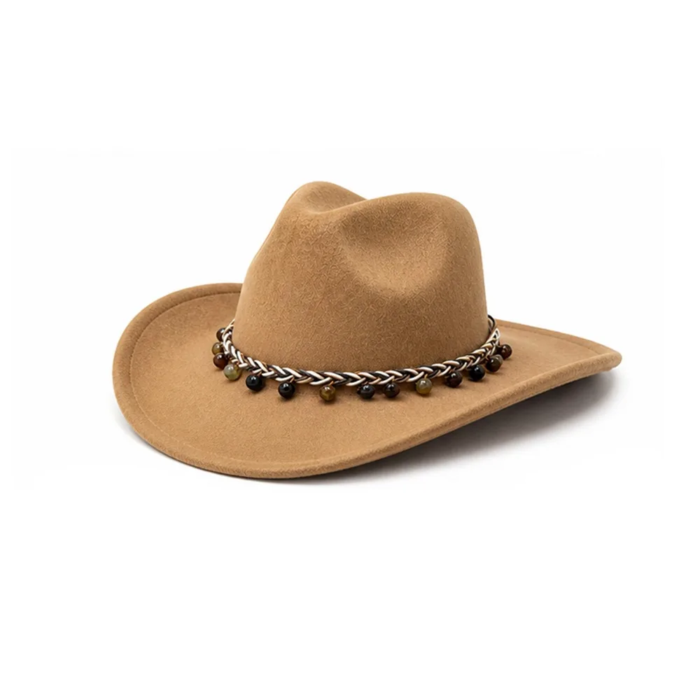 Felt Cowboy Hat Vintage Western Style Curved Brim Fedora Hat Decorative Chain Band Structured Crown Western Hat Travel Wear
