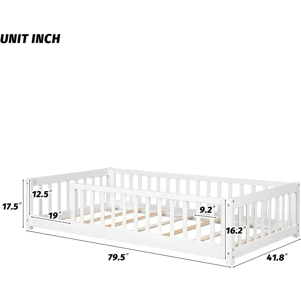 Twin Size Vloer Bed Frame Met Veiligheidshek En Houten Lat, Hout Montessori Vloerbed, Peuter Vloer Bed Frame, Meerdere Kleuren