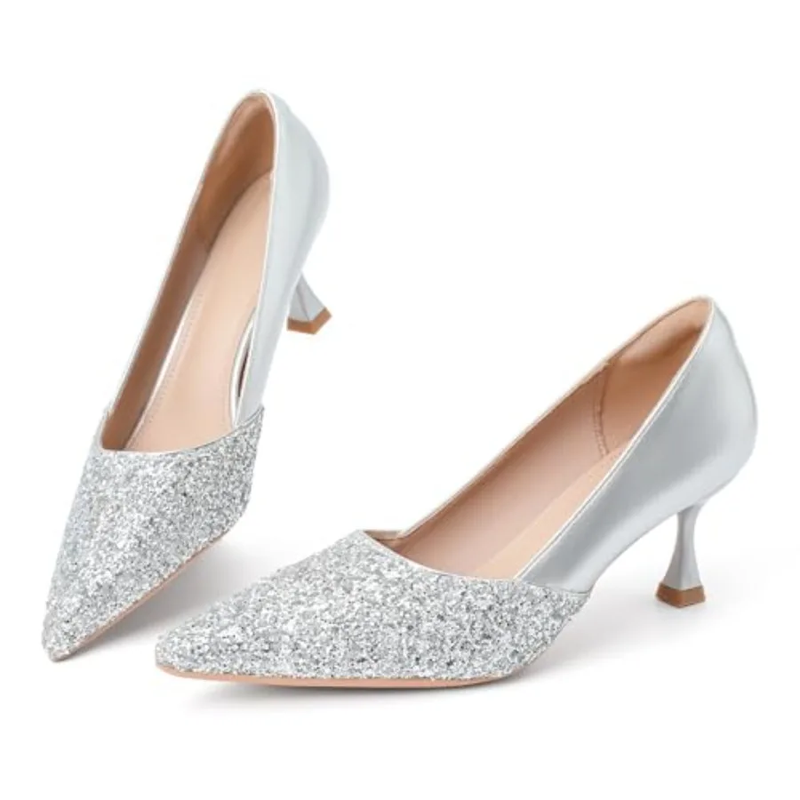

Women's Kitten High Heels 2 Inch Sequin Pointed Toe Leather Pumps Comfortable Slip On Wedding Party Dress Stilettos Shoes
