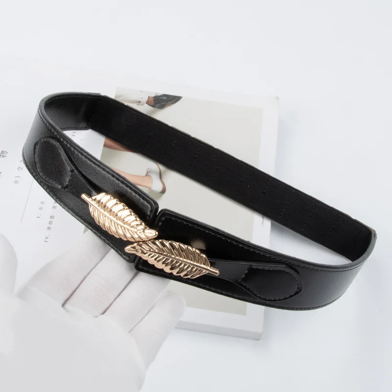 Woman High-end Fashion Cinching Slimming Coat Waist Cinching Belt,Leaf Pattern Genuine Leather Wide Elastic Waistband for Women