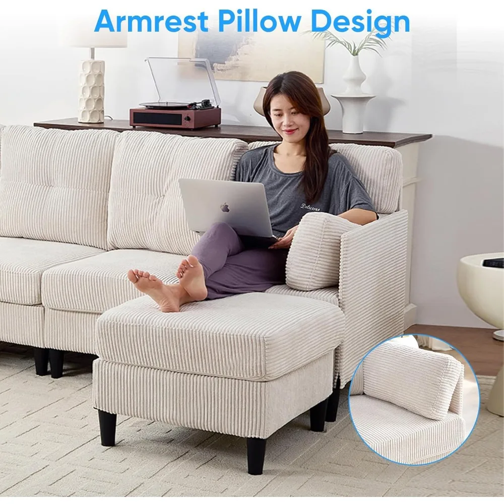 Modern U-Shaped Sectional Sofa with Corduroy Fabric, Convertible Double Chaise and Ottoman for Living Room, Ideal for Comfortabl