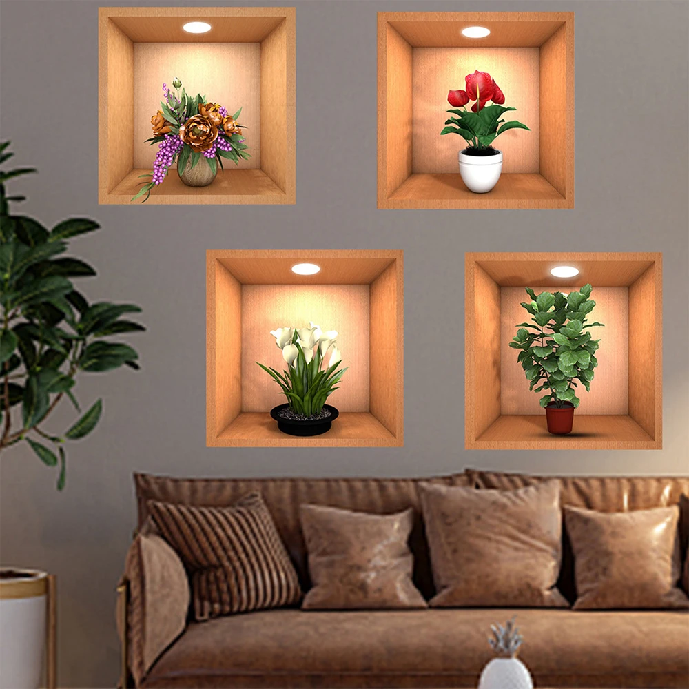 4Pcs 3D Plant Wall Stickers Floral Pattern Green Plants PVC Wall Sticker for Home Art Room Bedroom Background Decoration