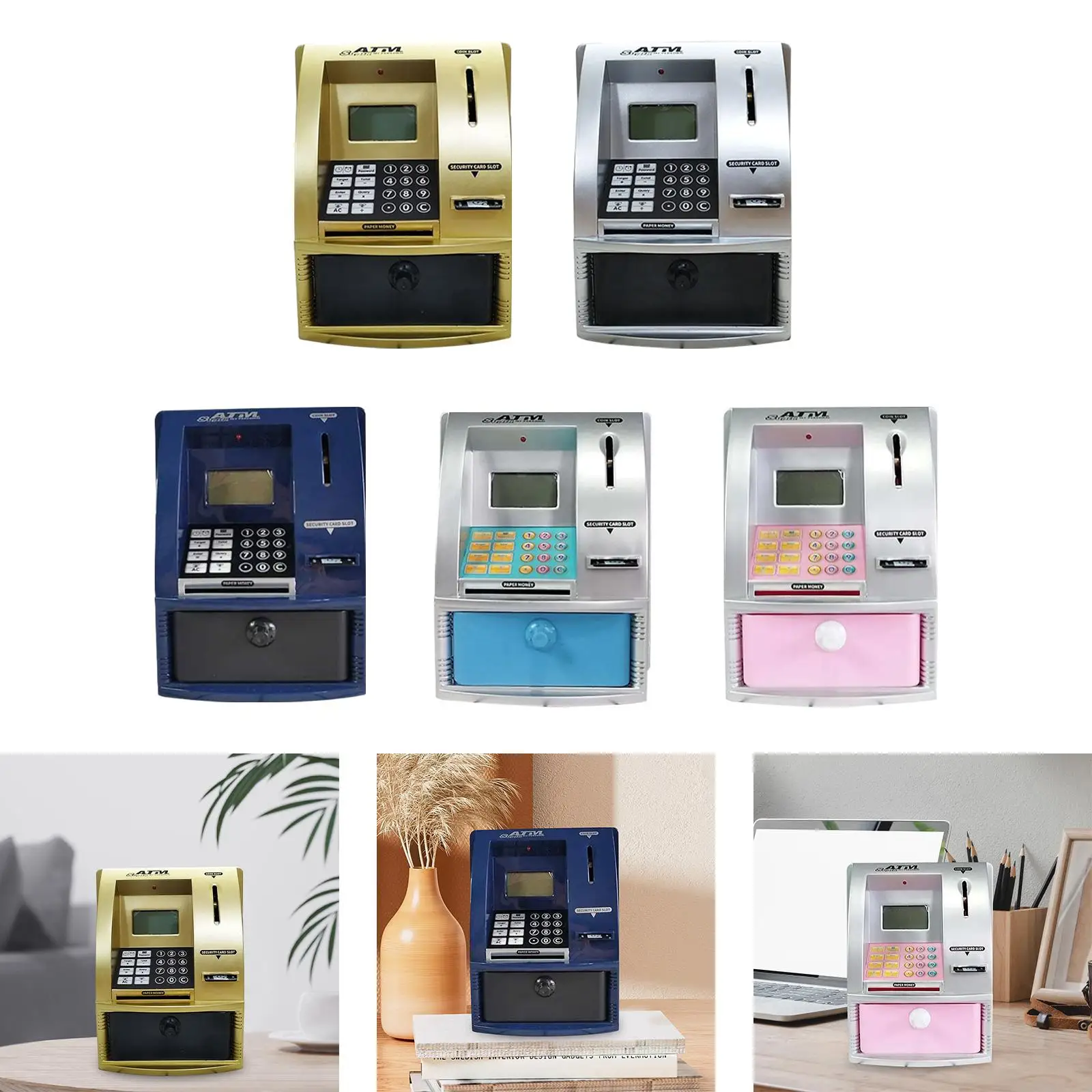 Mini cofrinho ATM com cartão, senha, reconhecimento de moedas, alimentador de contas, equilíbrio
