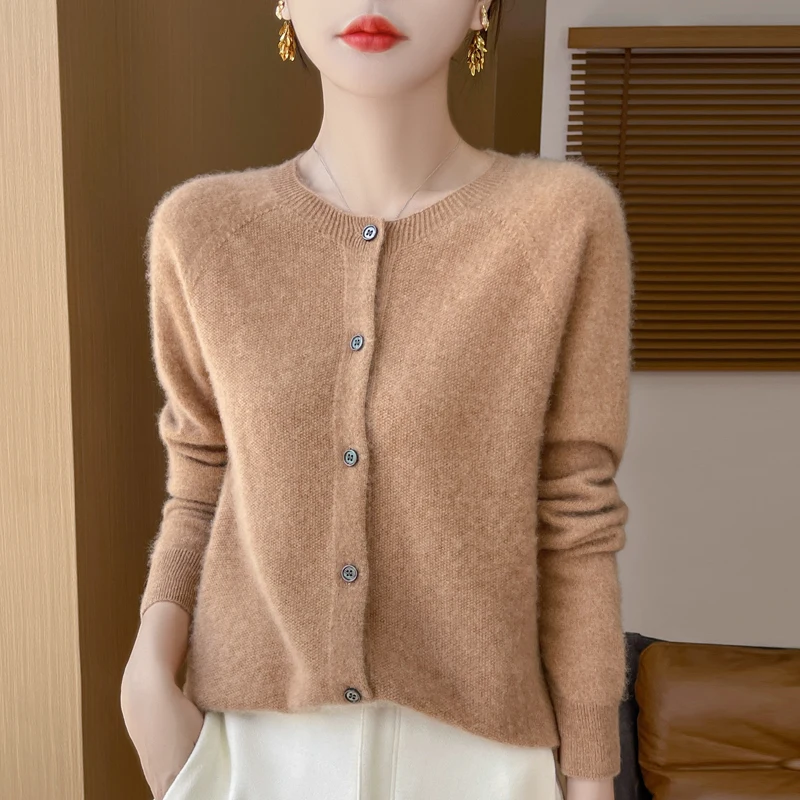 

100% Wool Lightweight Round Neck Osmanthus Stitch Button Women's Cardigan, Multiple Colors, Versatile and Elegant Choice