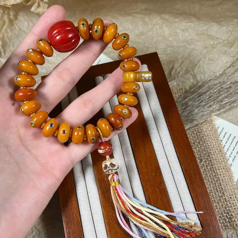 Bone Combined Red Agate Pumpkin Beads, A Natural Energy Bracelet With Amber Accents
