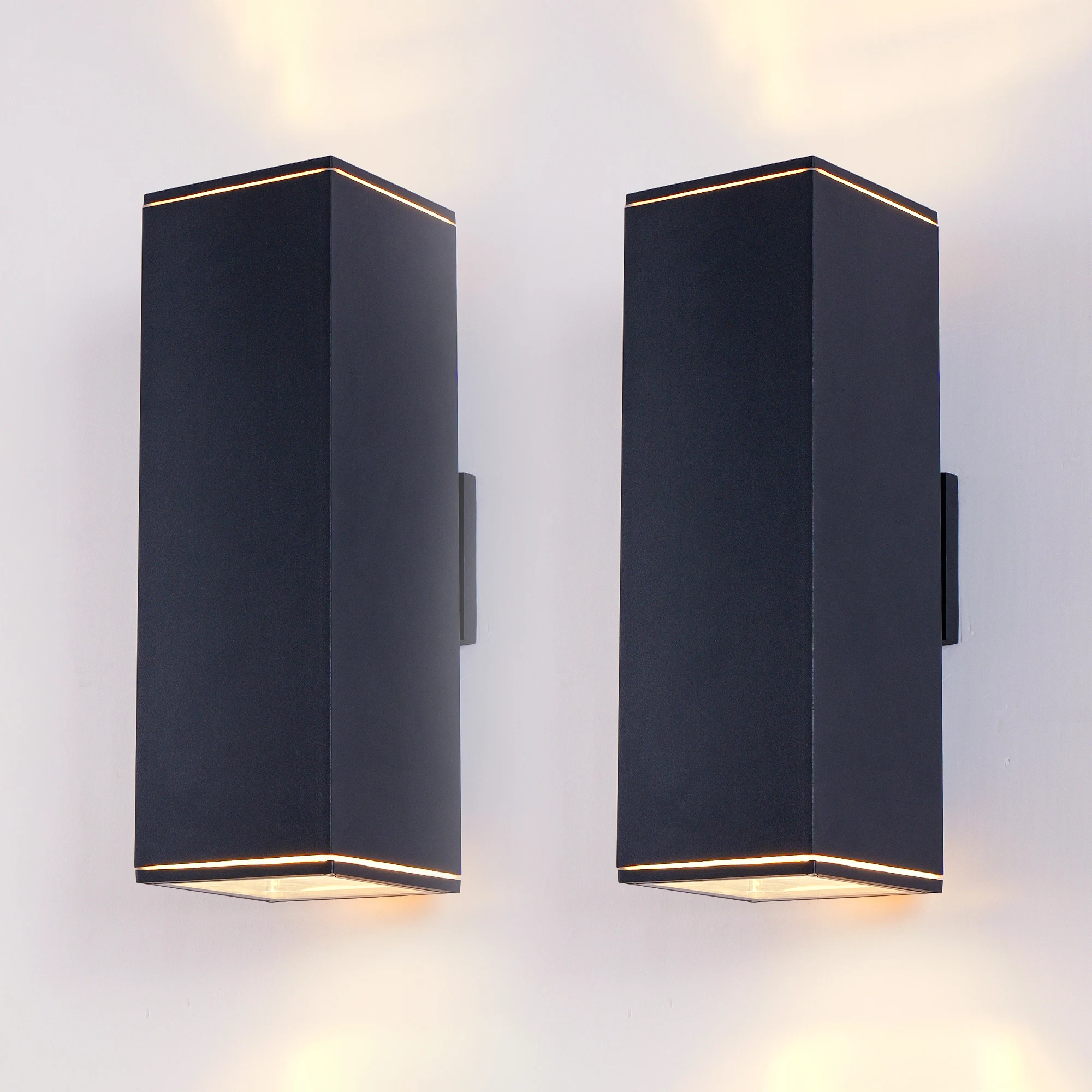 

2 Pack Rectangular Outdoor Wall Light - Dual E26 Base, Sand Black Aluminum & Tempered Glass All-Weather Sconce for Garden