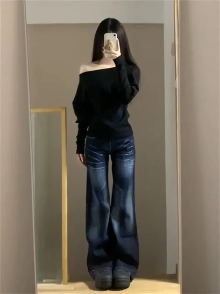 

Retro American Deep Blue Wide Leg Denim Jeans Women's Spring Autumn Loose Slimming Taller Extended Low Waist Pants