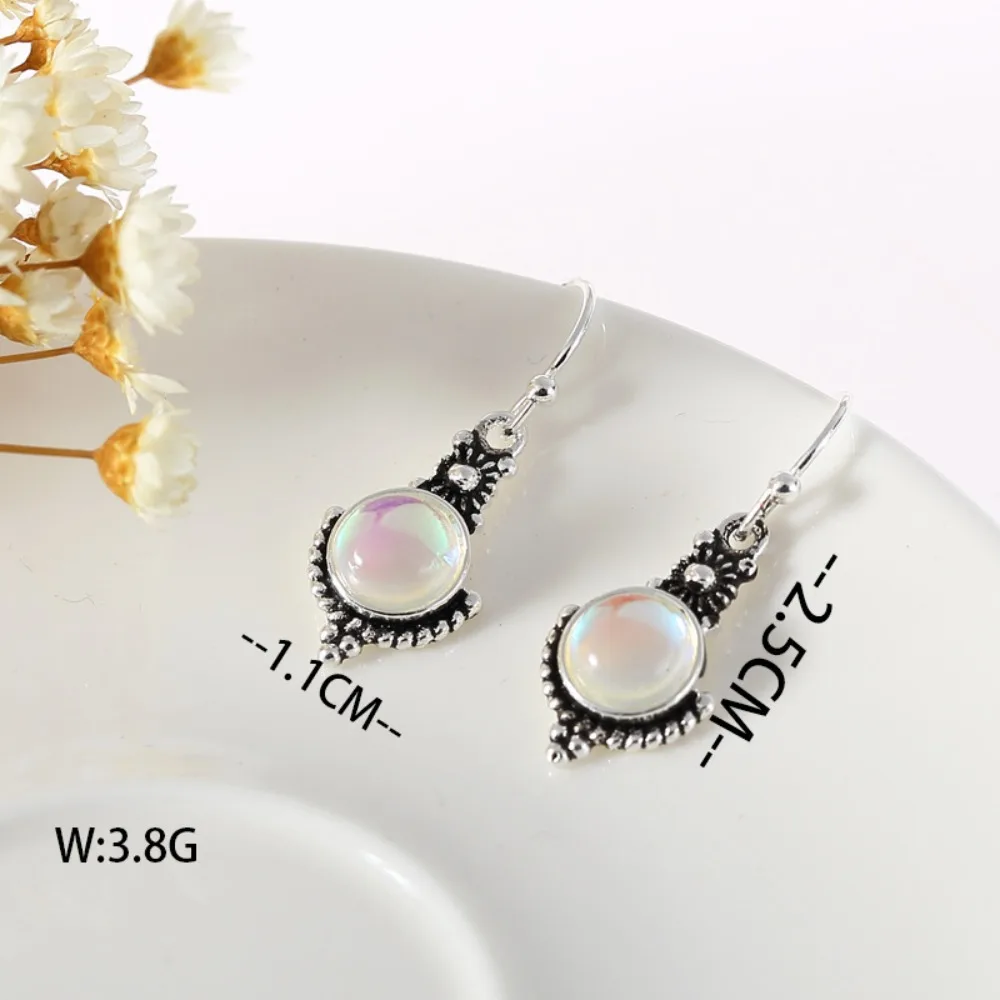 سحر الرجعية القديمة الفضة هندسية دائرة سبعة ألوان Moonstone الأحمر أوبال قلادة استرخى أقراط للنساء مزاجه مجوهرات