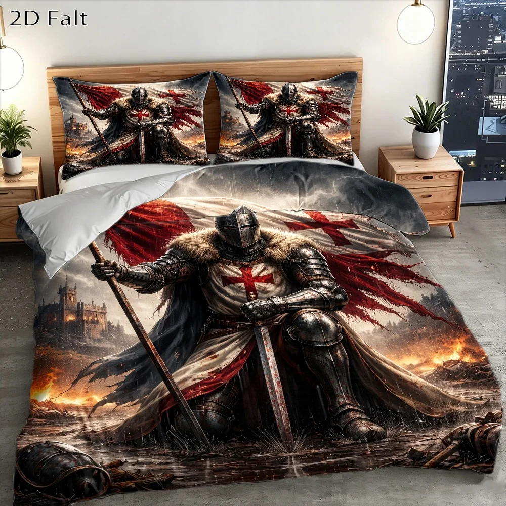 3-Piece Medieval Templar Themed Duvet Cover Set, Three-Piece Bedding Set (1 Duvet Cover + 2 Pillowcases), Suitable for All Seasons, Machine Washable, Invisible Zipper Design, Large Double Bed Cover Set, Suitable for Home, Dormitory, Master Bedroom, Guest Room, Retro Armor Knight War Flag Pattern, Immersive Medieval Battlefield Style Bedding, Thickened Skin-Friendly Brushed Fabric, Personalized Gaming and Anime Themed Bedding