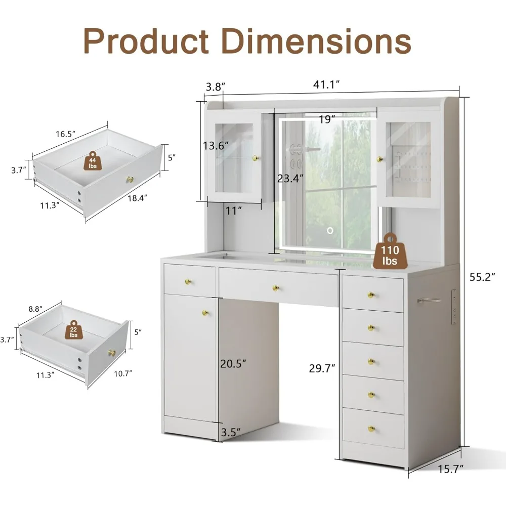 مكتب زينة مكياج مضيء مع سطح زجاجي كبير وتخزين كافية