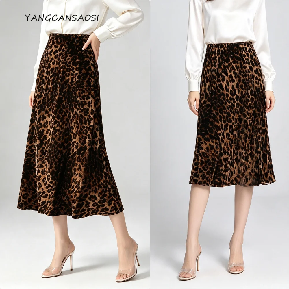 2026 Women's Fashion Autumn Clothing Modern Leopard Pattern 30% Natural Mulberry Silk Velvet Diagonal Cut Elastic Waist Skirt