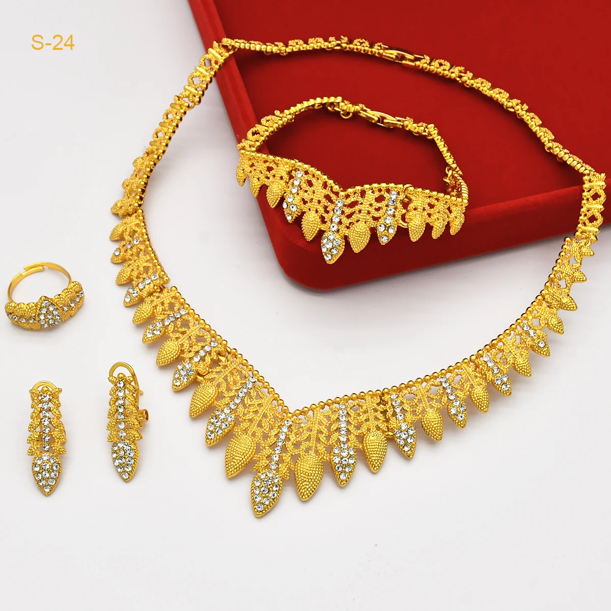New Indian Luxury 24k Gold Plated Jewelry Sets For Women Arab Bridal Wedding Cystal Necklace Set Dubai Jewellery Gifts Wholesale