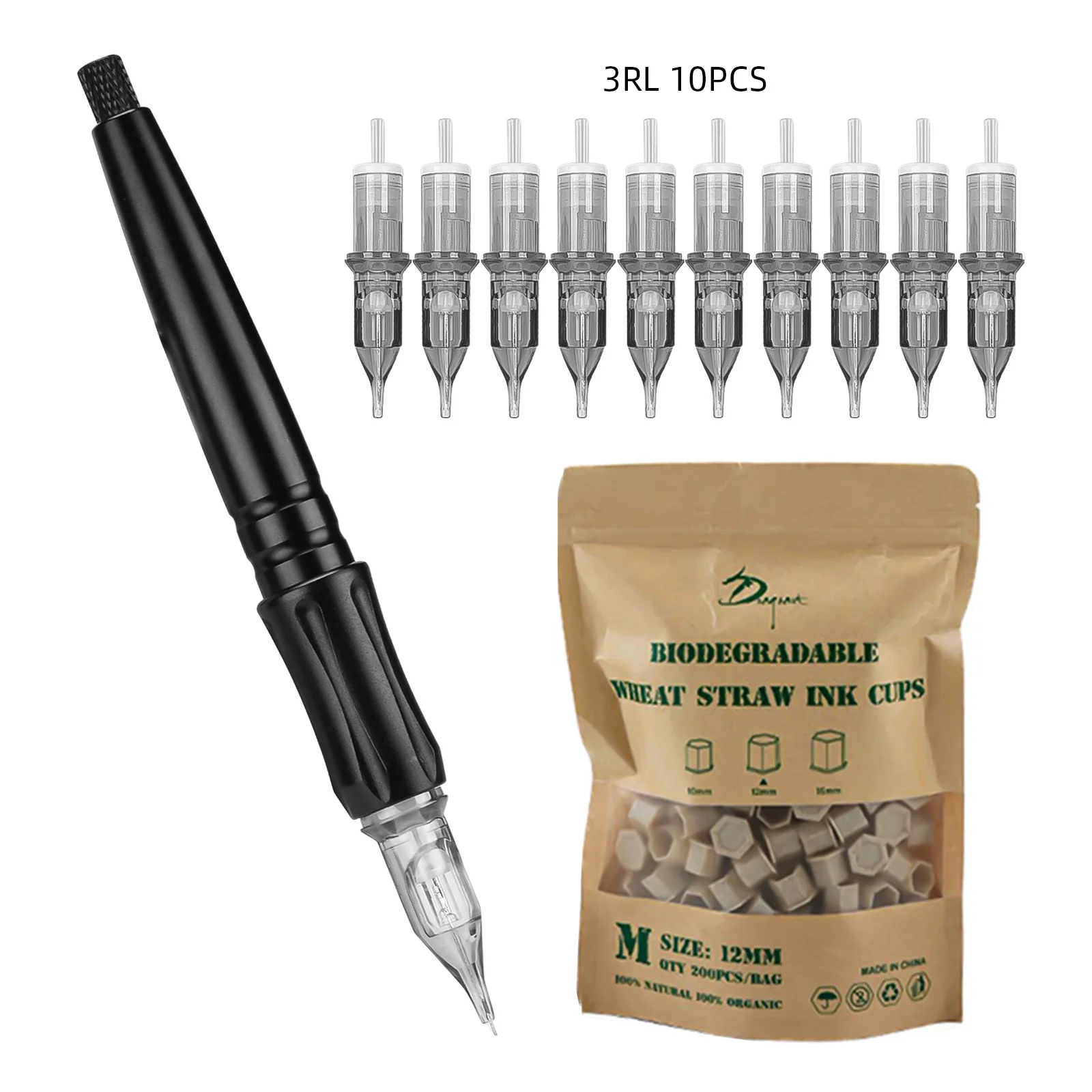 Manual Pen Set DIY Poke And Stick Tool 10pcs 3RL Tattoo Cartridge Needles with 200pcs Degradable Tattoo Ink Cups Accessories