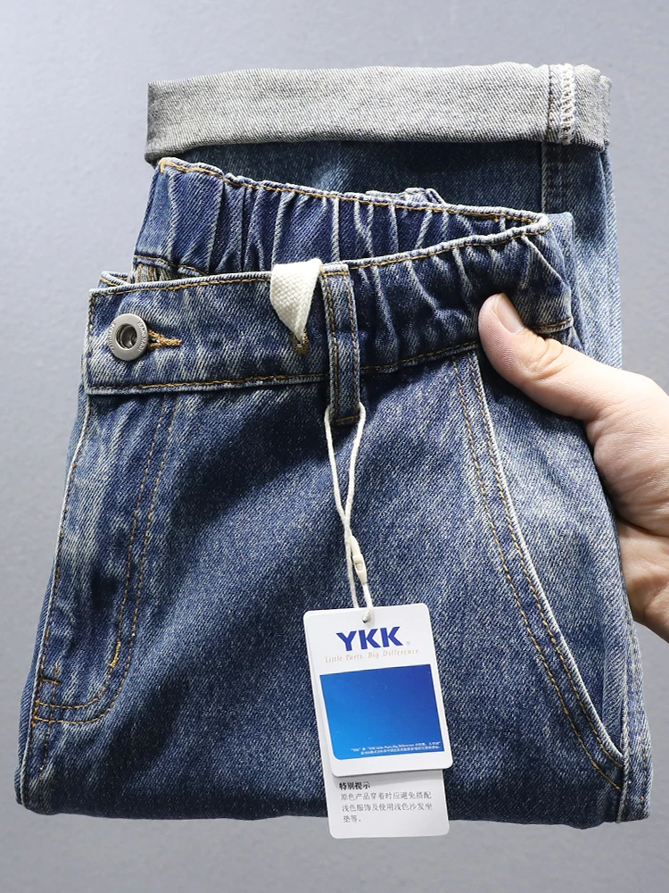 

Retro Waed Straight Leg Men's Jeans Casual Wide Leg Pants Elastic Waist Versatile Comfortable Fit Summer Trendy Brand