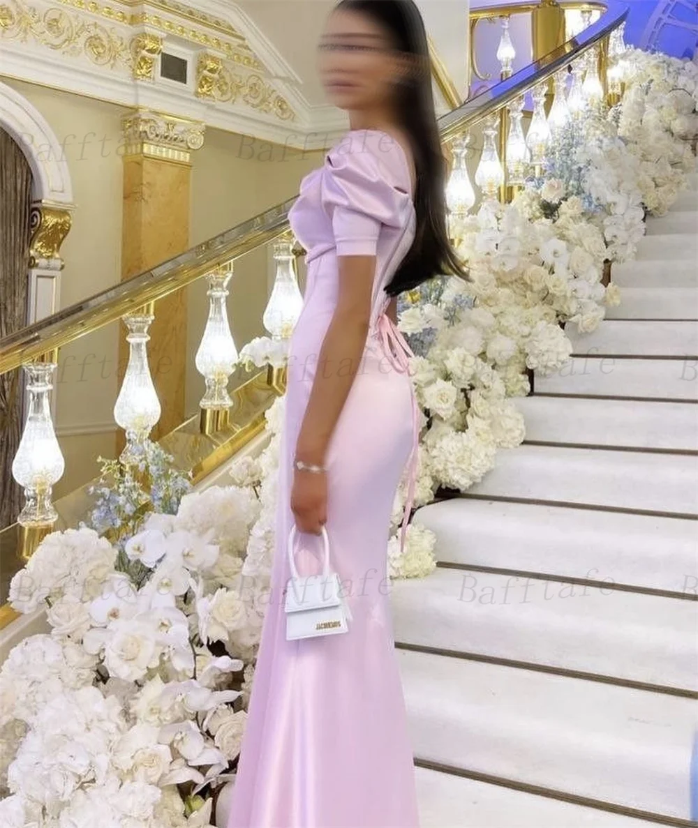 Bafftafe Pink Mermaid Evening Dresses Short Sleeves Formal Party Dress Corset Back Women Customized Special Occasion Prom Gowns